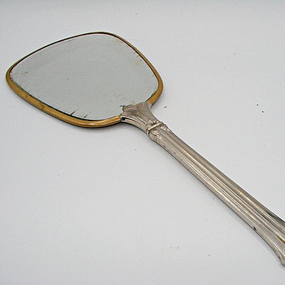 Vintage Antique Victorian Floral Handheld Vanity Mirror Gold Brass Toned 13x5"